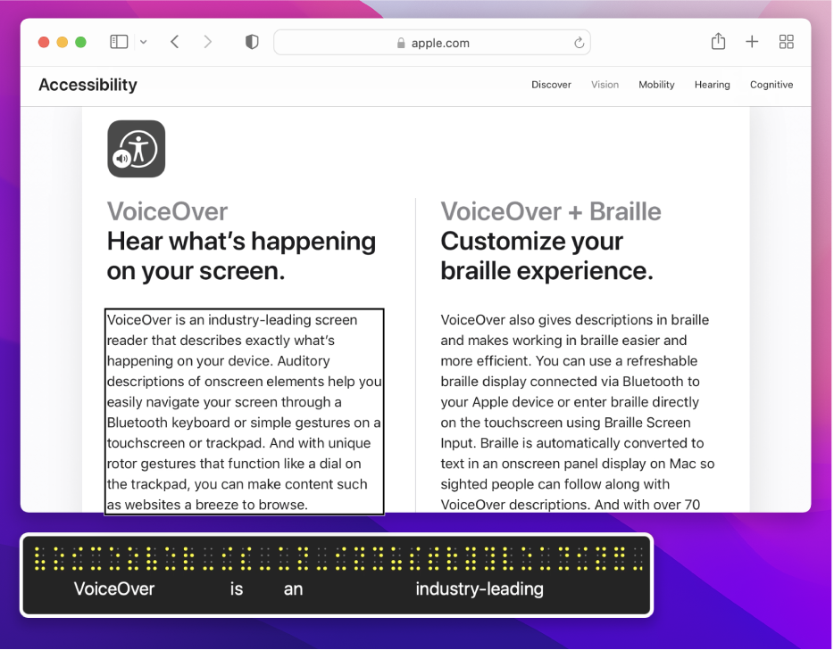 O painel em braille a mostrar o que está no cursor do VoiceOver numa página web. O painel em braille a apresentar pontos de braille amarelos simulados com o texto correspondente por baixo dos pontos.