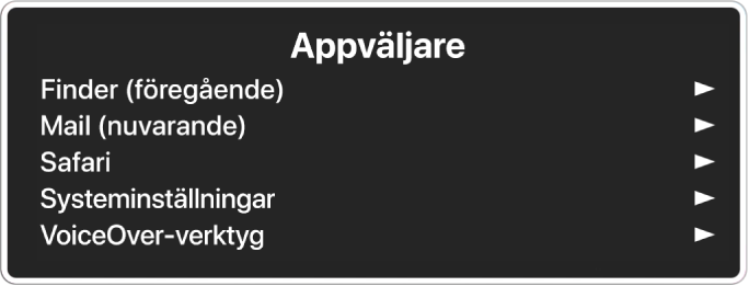 Appväljaren med fem öppna appar, bland annat Finder och Systeminställningar. Till höger om varje objekt i listan finns en pil.