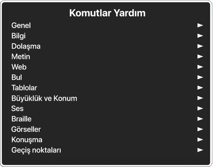 Komutlar Yardım menüsü, komut kategorilerini listeleyen (Genel ile başlayıp Geçiş noktaları ile biten) bir paneldir. Listedeki her öğenin sağında öğenin alt menüsüne erişmek için bir ok vardır.