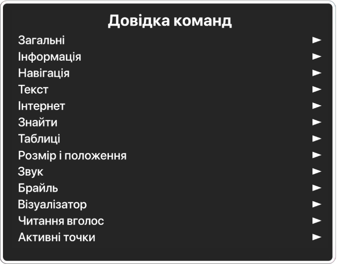 Меню довідки команд це панель, яка перелічує категорії команд, починаючи з Загальних, і закінчуючи Активними точками. Праворуч від кожного елемента списку є стрілка для відкриття підменю.