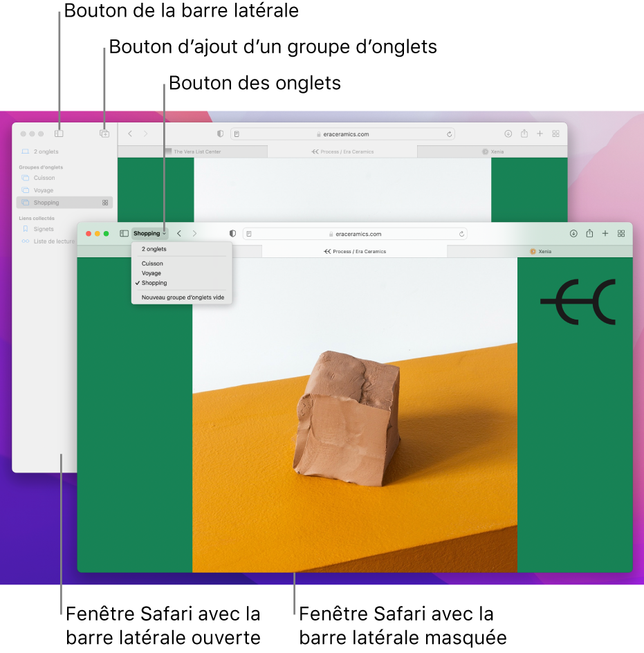 Tab groups in two Safari windows.  A window shows the tab groups in a list below the down arrow next to the sidebar button in the toolbar.  The other window shows the same tab groups in the sidebar.