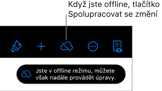 Tlačítka horního okraje obrazovky; tlačítko Spolupracovat se změnilo na symbol oblaku se šikmým přeškrtnutím. Na obrazovce se zobrazí upozornění „Jste v offline režimu, můžete však nadále provádět úpravy.“