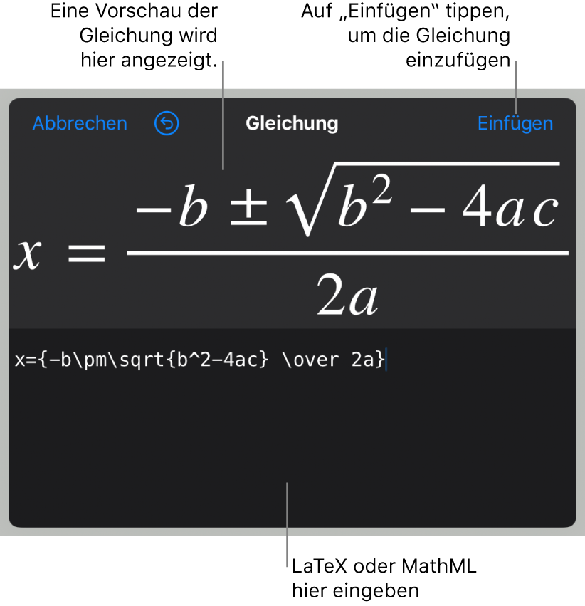 Im Dialogfenster „Gleichung“ wird die quadratische Formel angezeigt, die mit LaTeX-Befehlen geschrieben wurde, darüber wird eine Vorschau der Formel angezeigt.
