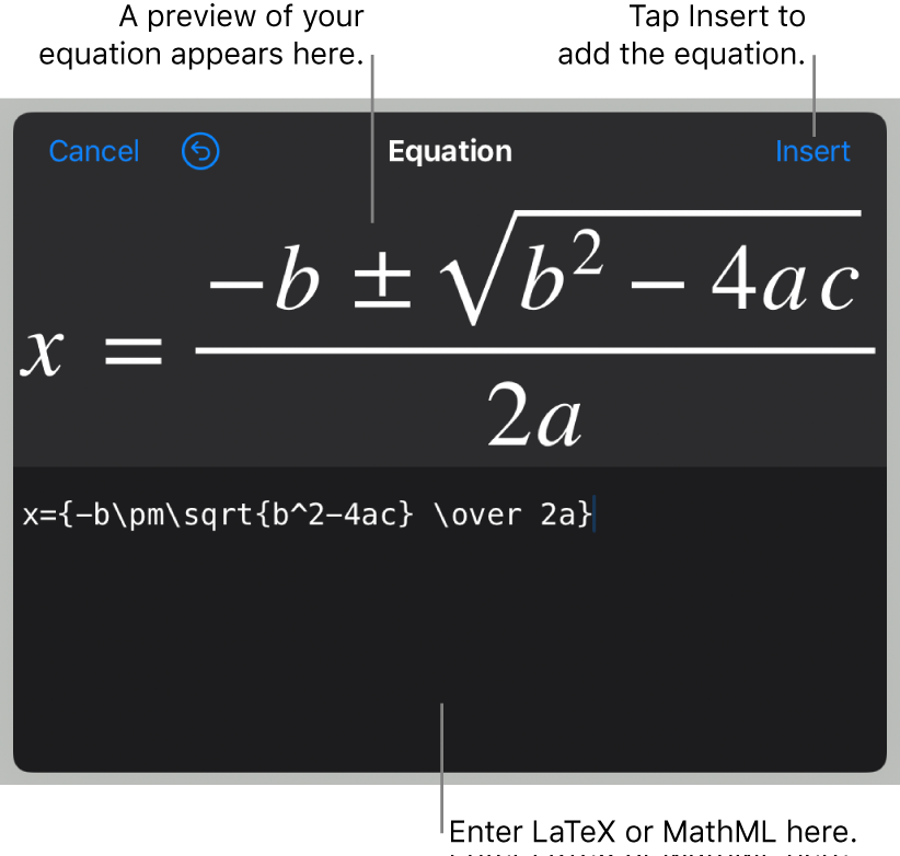 The quadratic formula written using LaTeX in the Equation field and a preview of the formula below.