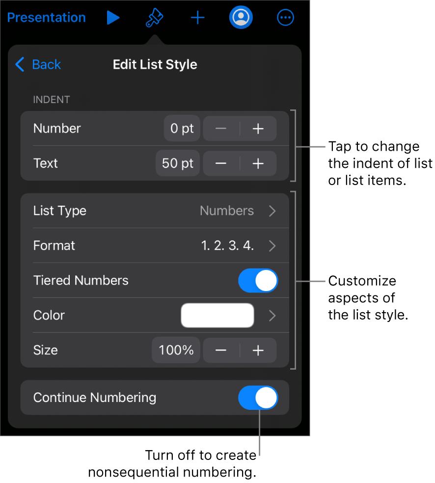 Edit List Style menu with controls for indent spacing, list type and format, tiered numbers, list color and size, and continued numbering.