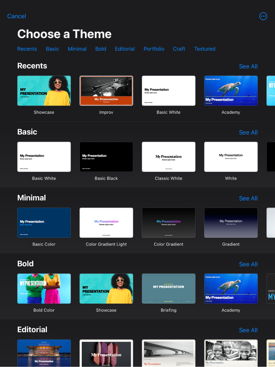 The theme chooser, showing a row of categories across the top that you can tap to filter the options. The More button is in the top-right corner, where you can set Standard or Wide format and set formatting for a specific language or region. Below are thumbnails of predesigned themes arranged in rows by category. A See All button appears above and to the right of each category row.