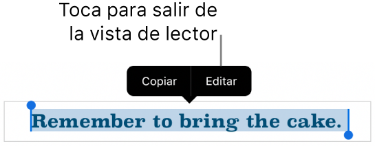 Se selecciona una oración y arriba hay un menú contextual con los botones Copiar y Editar.