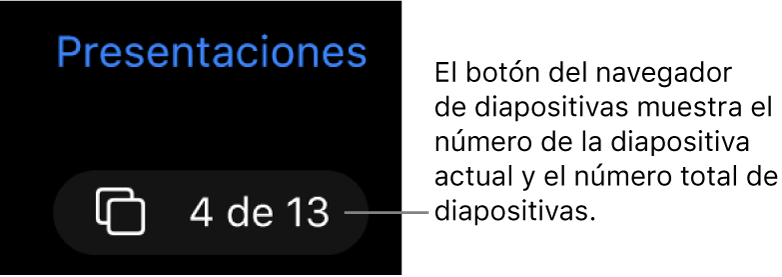 El botón del navegador de diapositivas mostrando 4 de 13, situado debajo del botón Presentaciones cerca de la esquina superior izquierda del lienzo de diapositivas.