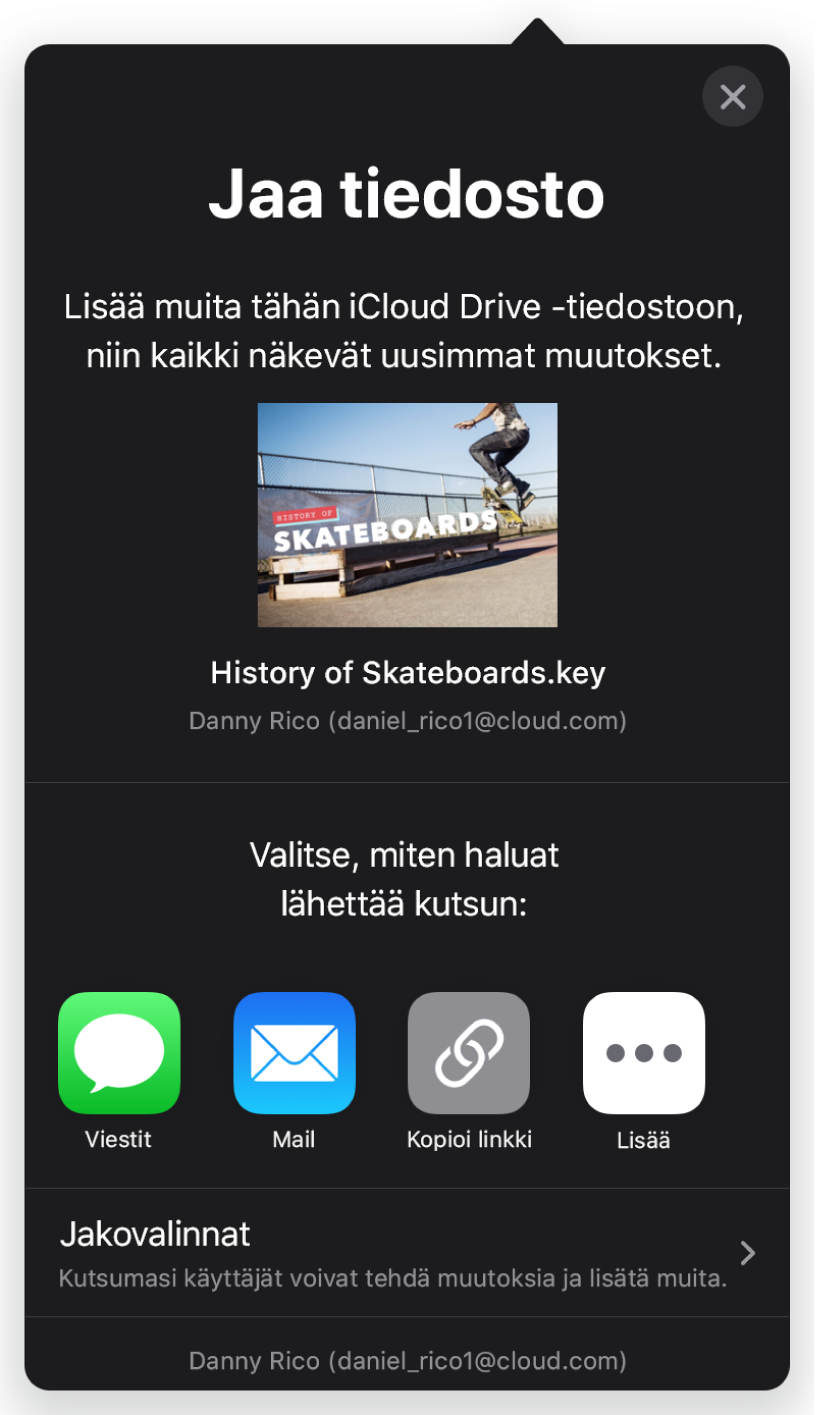 Lisää ihmisiä -näytöllä näkyy kuva esityksestä, jota ollaan jakamassa. Alapuolella on painikkeita kutsun lähettämiseen. Vaihtoehtoina ovat muun muassa Mail ja Kopioi linkki. Alareunassa on Jakovalinnat-painike.