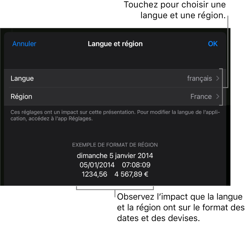 La sous-fenêtre Langue et région présentant des commandes de langue et de région, ainsi qu’un exemple de mise en forme comprenant date, heure, affichage des décimales et devise.