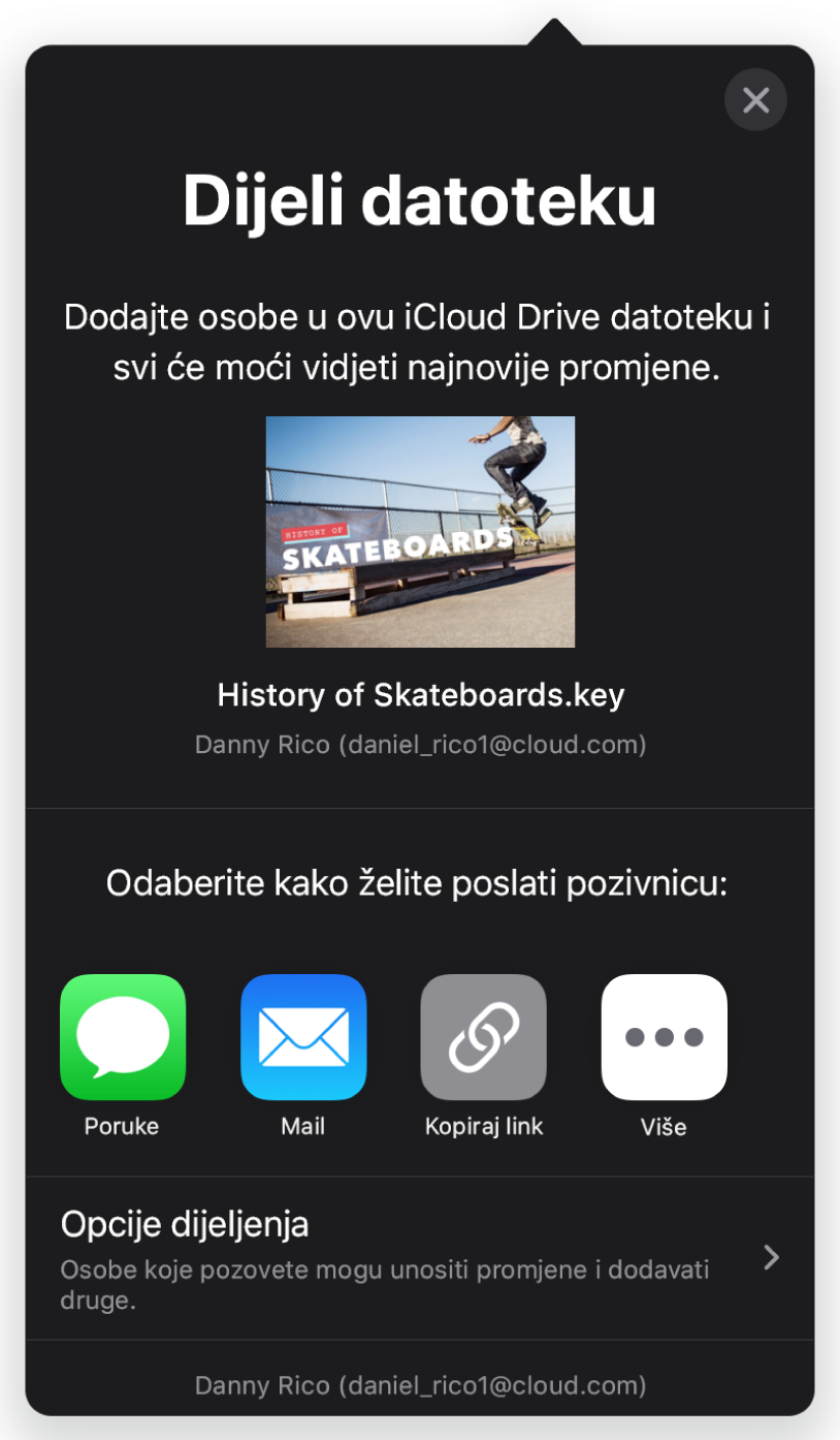 Zaslon Dodaj osobe prikazuje sliku prezentacije koja se dijeli. Ispod njega nalaze se tipke za načine slanja pozivnice, uključujući Mail, Kopiraj link i Ostalo. Na dnu se nalazi tipka Opcije dijeljenja.