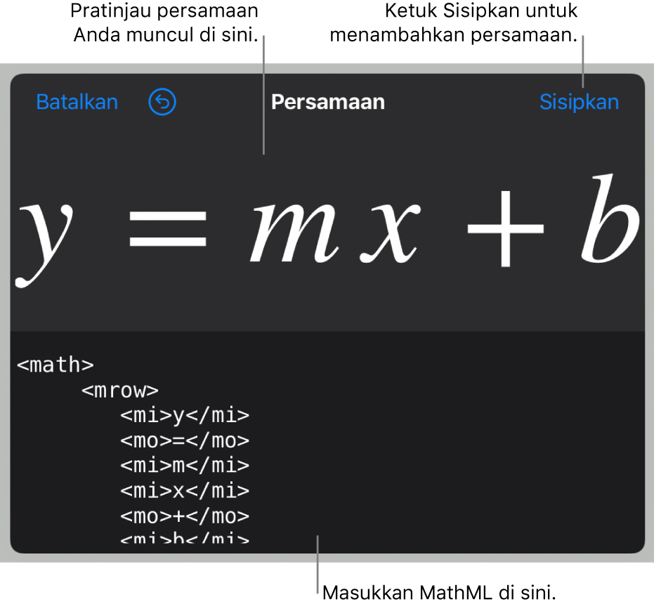 Kode MathML untuk persamaan untuk kemiringan garis dan pratinjau formula di atas.