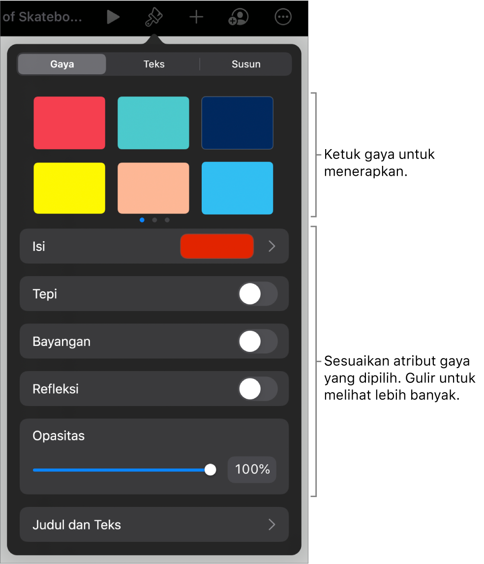 Tab Gaya menu Format dengan gaya objek di bagian atas dan kontrol di bawahnya untuk mengubah tepi, bayangan, refleksi, dan opasitas.