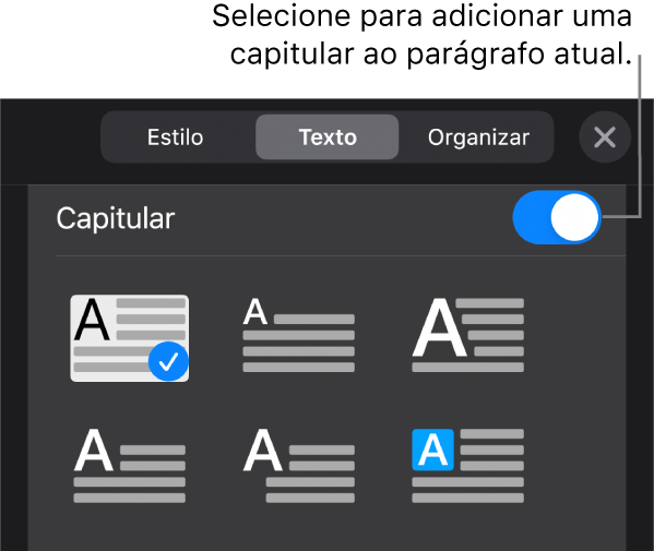 Controles Capitular localizados na parte inferior do menu Texto.