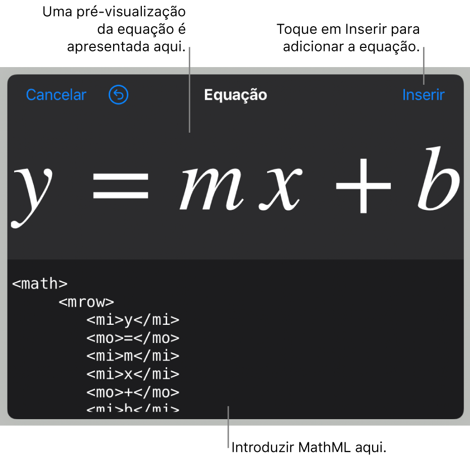 O código MathML para a equação da inclinação de uma linha e uma pré-visualização da fórmula acima.