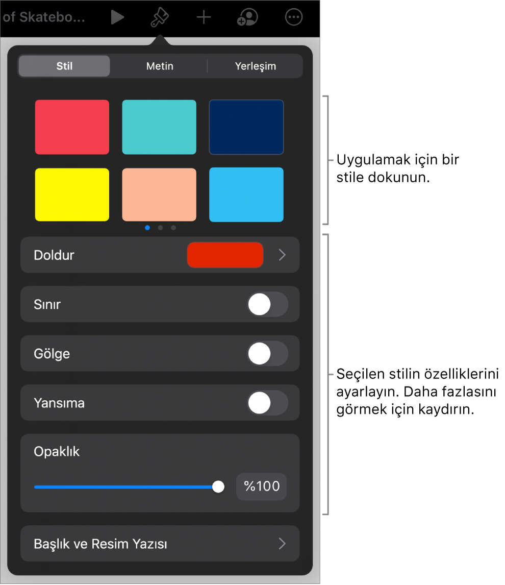 En üstte nesne stilleri ve onların altında sınır, gölge, yansıma ve opaklık değiştirme denetimleriyle Biçim menüsünün Stil sekmesi.