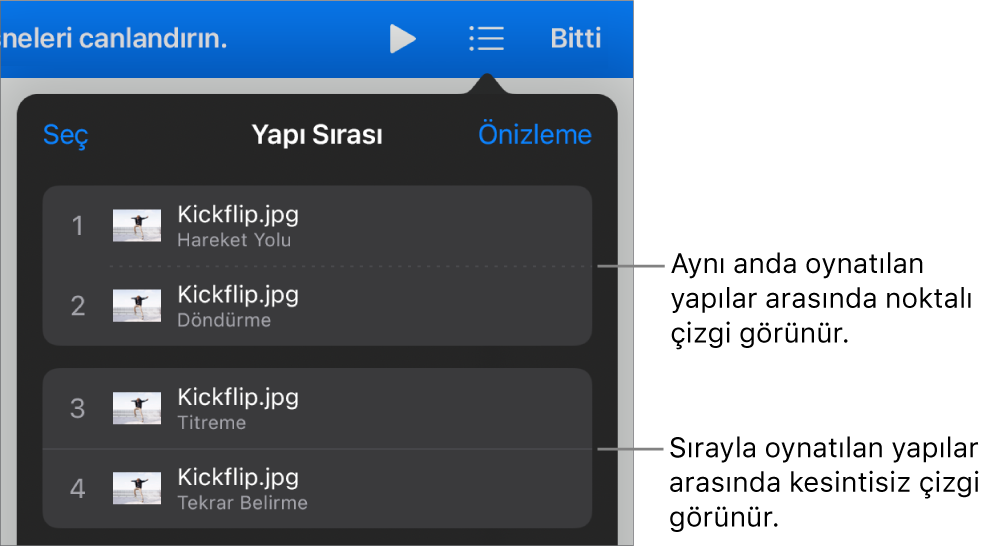 Yapı Sırası menüsü, eşzamanlı oynatılan yapılar arasında görünen noktalı bir çizgi ve tek tek oynatılan yapılar arasında düz bir çizgi ile.