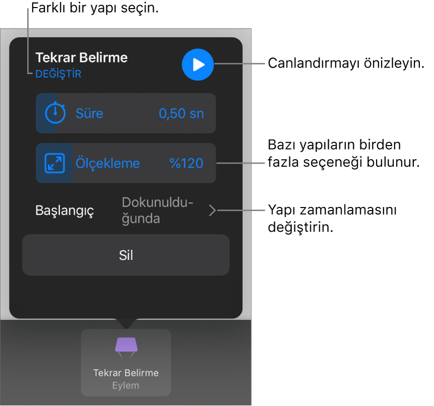 Yapı seçenekleri Süre ve Zamanlamayı başlat’ı içerir. Farklı bir yapı seçmek için Değiştir’e, yapıyı önizleme için Önizleme’ye dokunun.