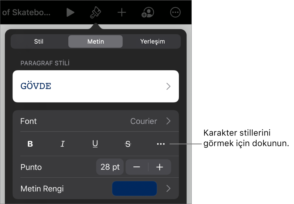 En üstteki paragraf stilleri ile Biçim denetimleri, ardından Font denetimleri. Font’un altında Kalın, İtalik, Altı Çizgili, Üstü Çizgili ve Daha Fazla Metin Seçeneği düğmeleri bulunur.