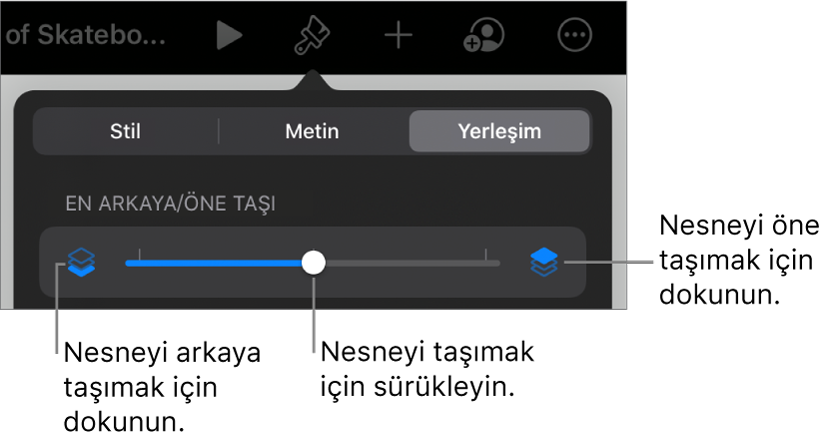 Geri Taşıma düğmesi, İleri Taşıma düğmesi ve katmanlama sürgüsü.