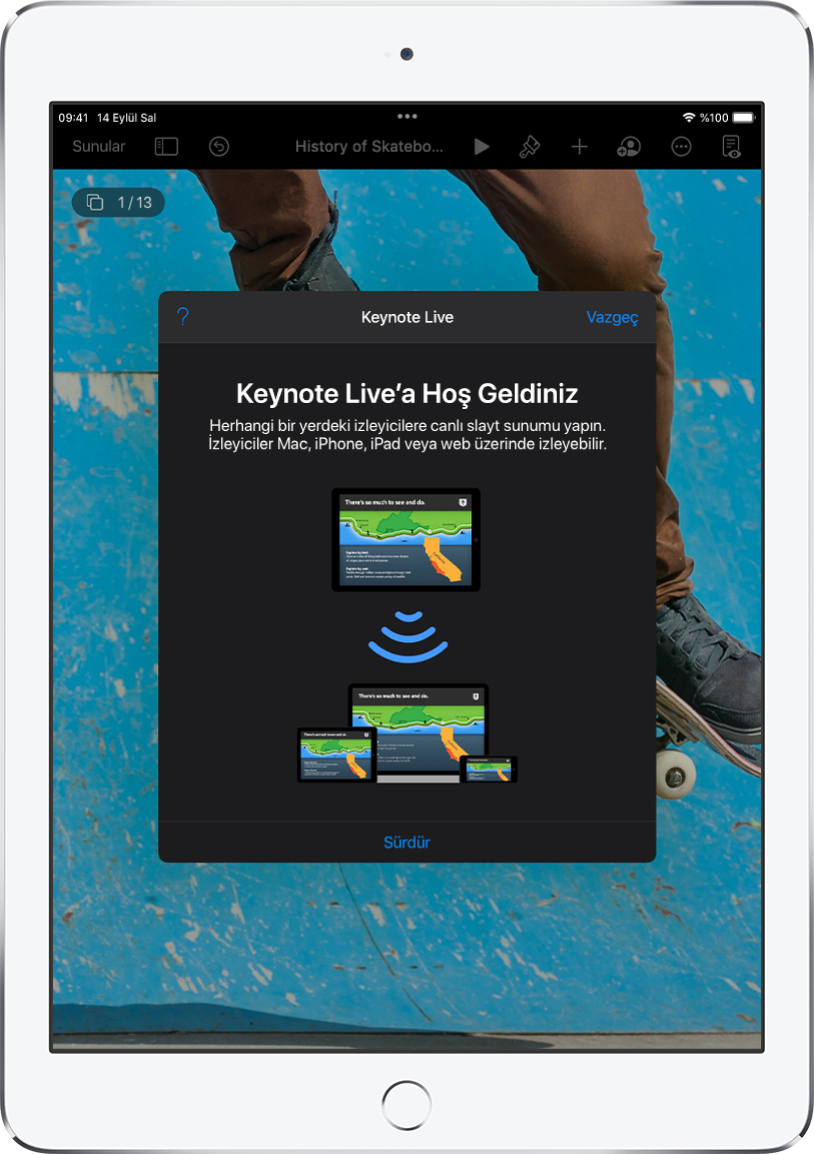 En altta Sürdür düğmesi ile Keynote Live’ı tanıtan bir pencere.