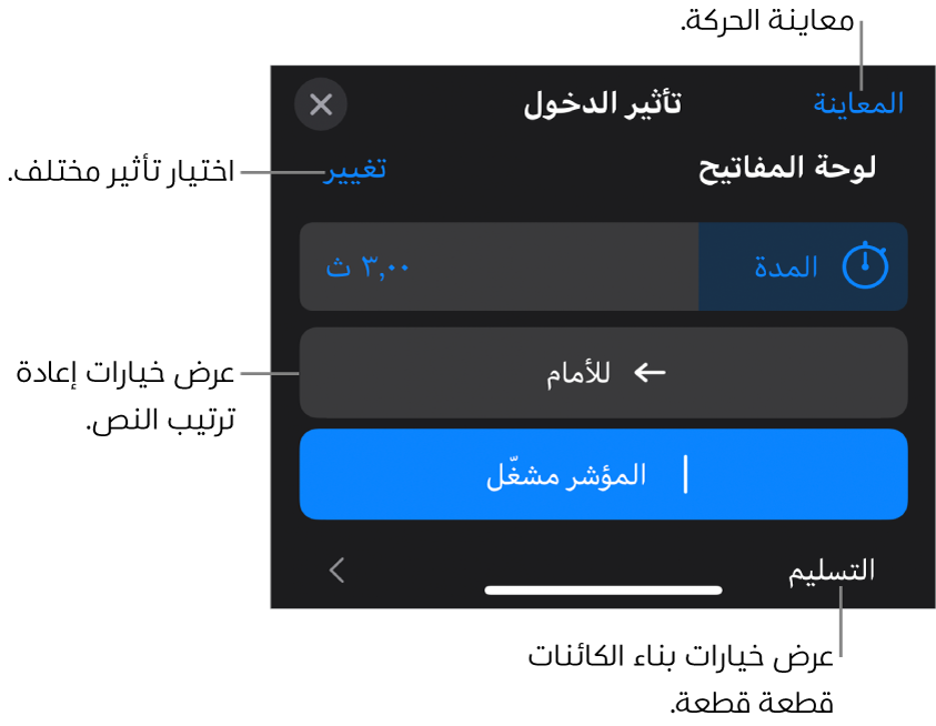 خيارات التأثير تتضمن المدة وحركة النص والتسليم. اضغط على تغيير لاختيار تأثير مختلف، أو اضغط على معاينة لمعاينة التأثير.