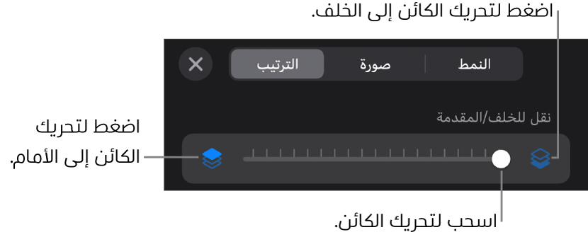 زر تحريك للخلف، وزر تحريك للأمام، وشريط تمرير الطبقة.
