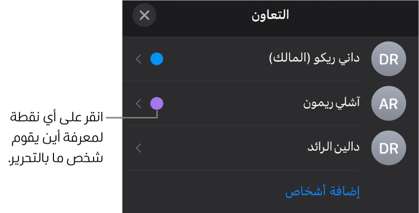 قائمة المشاركين ويظهر بها ثلاثة مشاركين ونقطة لونية مختلفة على يسار كل اسم.