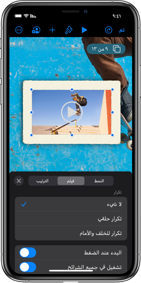 عناصر التحكم في التنسيق لتغيير حجم الفيديو المحدد ومظهره. أزرار النمط والفيلم والترتيب موجودة على طول الجزء العلوي من عناصر التحكم.