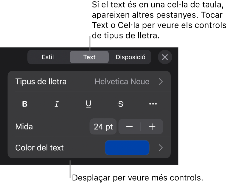 Controls de text al menú Format per definir els estils de paràgraf i de caràcter, el tipus de lletra, la mida i el color.