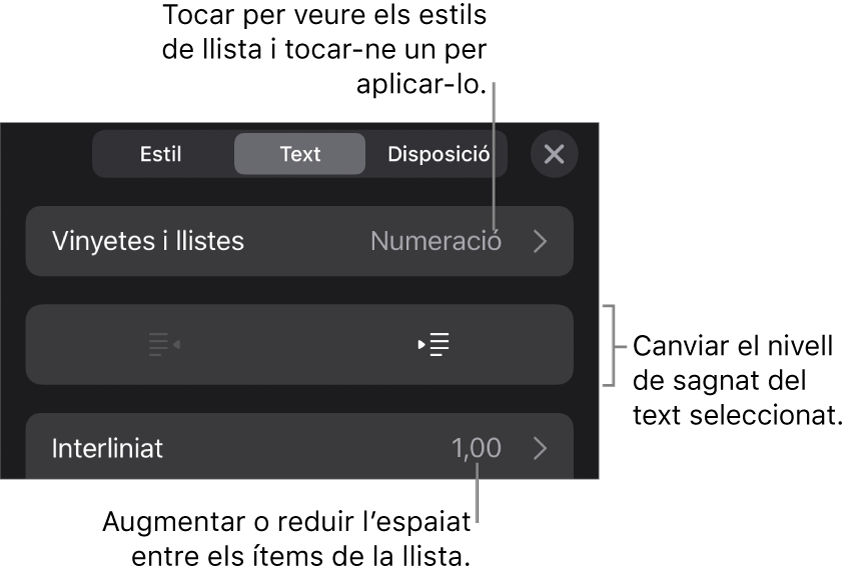 La secció “Vinyetes i llistes” dels controls de Format amb llegendes de “Vinyetes i llistes”, botons de sagnat i de sagnat esquerre, i controls d’interlineat.