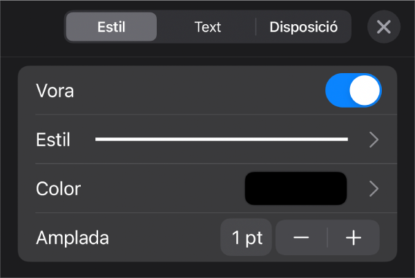 Els controls de personalització d'estil de vora.
