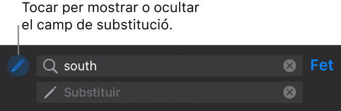 Controls per buscar i substituir text.