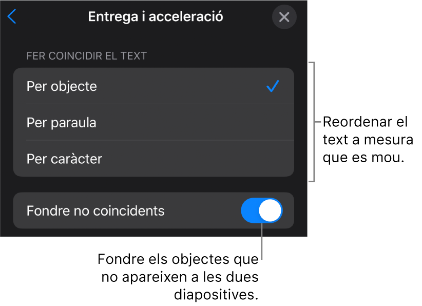 Opcions de presentació i acceleració del “Moviment màgic” al tauler Acceleració.
