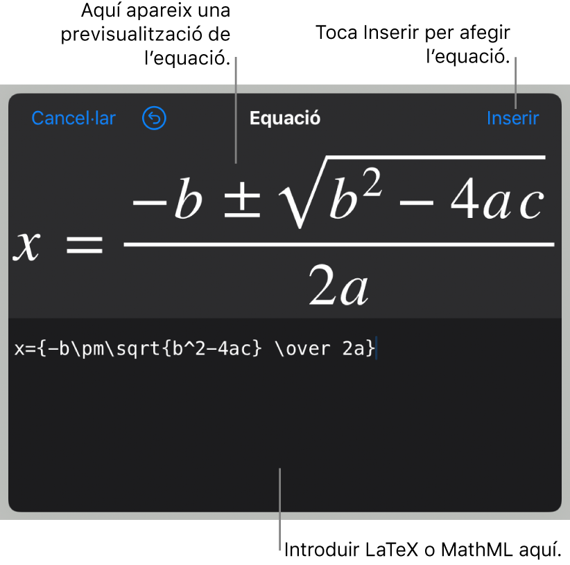 El quadre de diàleg Equació amb la fórmula quadràtica escrita amb les ordres LaTeX i una previsualització de la fórmula al damunt.