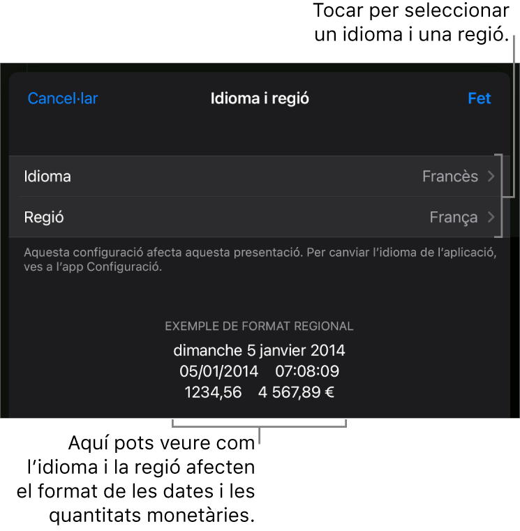 El tauler "Idioma i regió" en què es mostren els controls per a l'idioma i la regió i un exemple de format per a la data, l'hora, els decimals i la moneda.