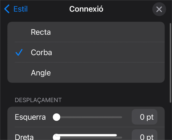 Els controls Connexió amb l'opció Corba seleccionada.