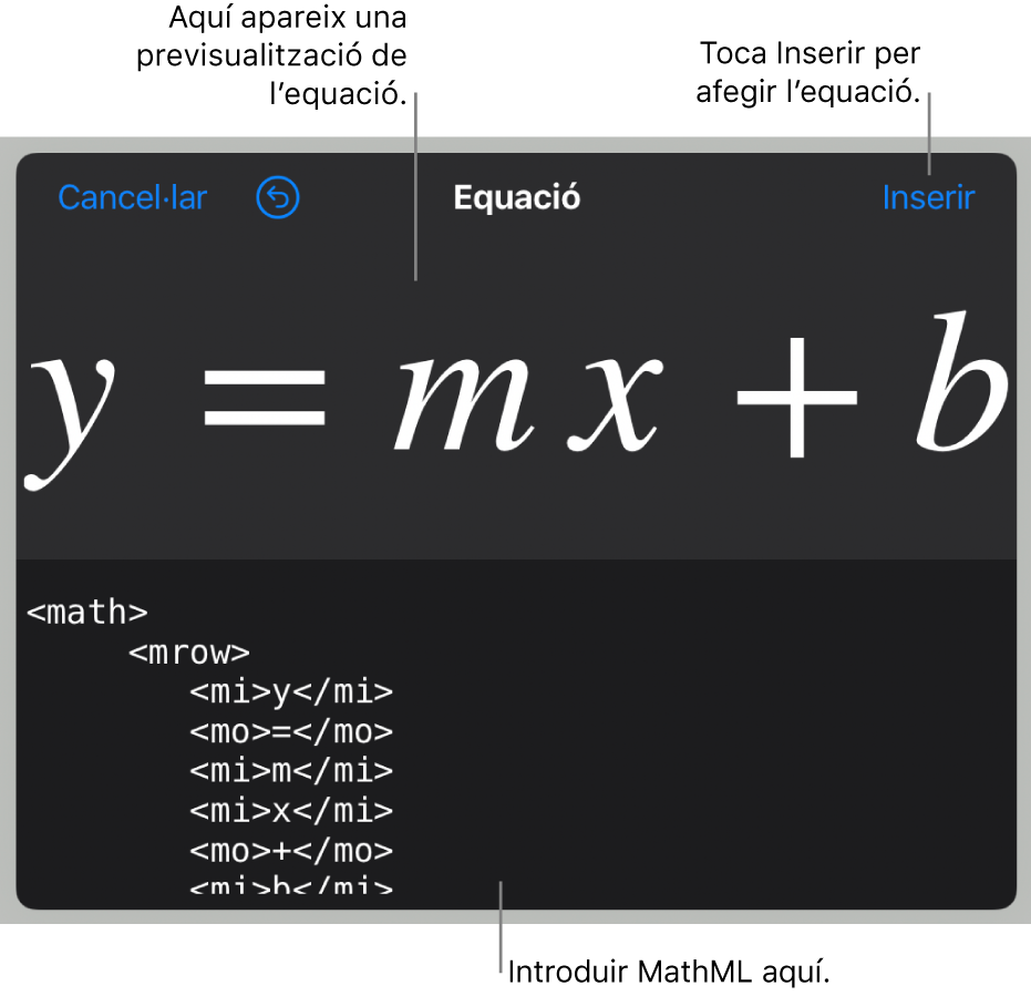 Codi MathML de l’equació del pendent d’una línia i una previsualització de la fórmula al damunt.