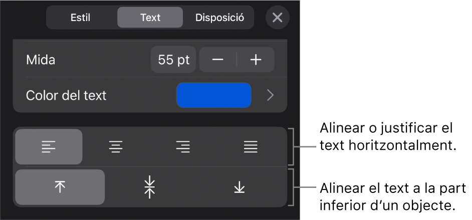 Secció Alineació del botó Format amb llegendes per als botons d’alineació de text.