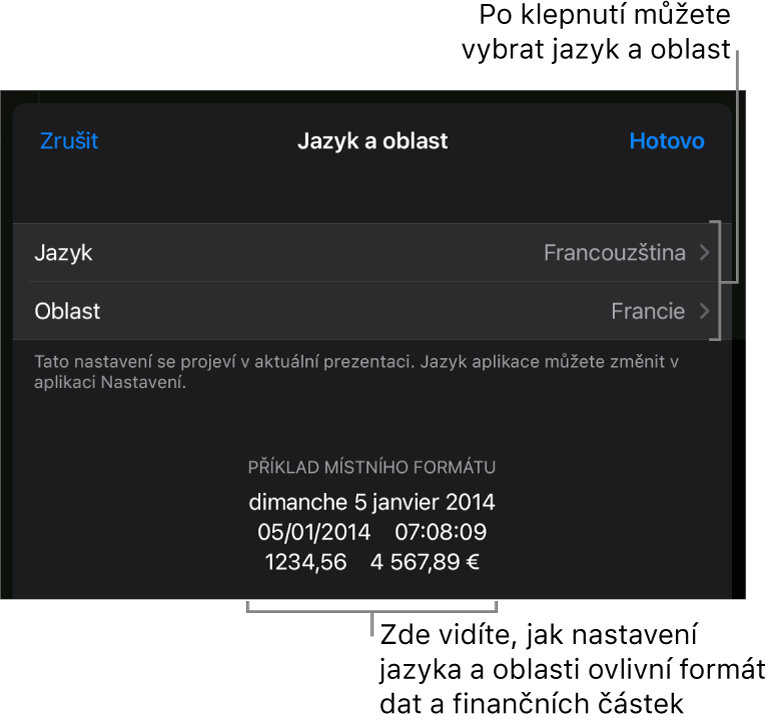Panel Jazyk a oblast obsahující ovládací prvky pro jazyk a oblast a ukázku formátu, včetně data, času, desetinného oddělovače a měny.