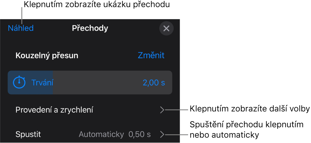 Ovládací prvky funkce Kouzelný přesun na panelu Přechody