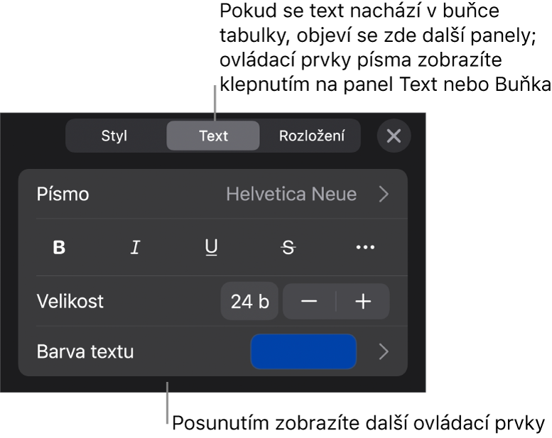 Ovládací prvky pro text v nabídce Formát pro nastavení stylů, písma, velikosti a barvy odstavce a znaků