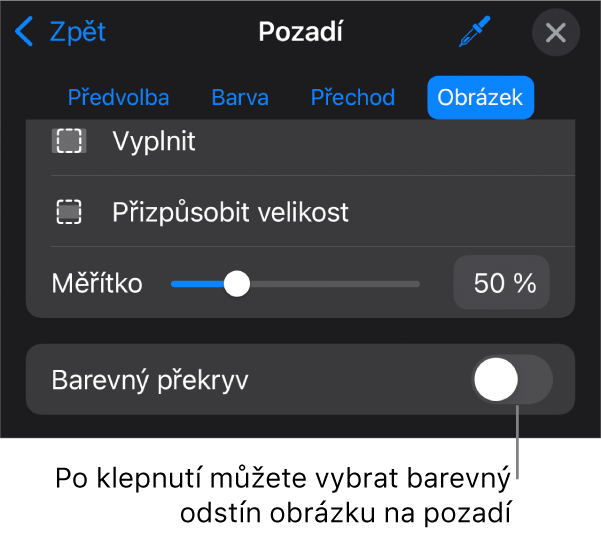 Ovládací prvky Pozadí kde je vidět obrázek nastavený jako pozadí snímku a dole ovládací prvek Barevný překryv