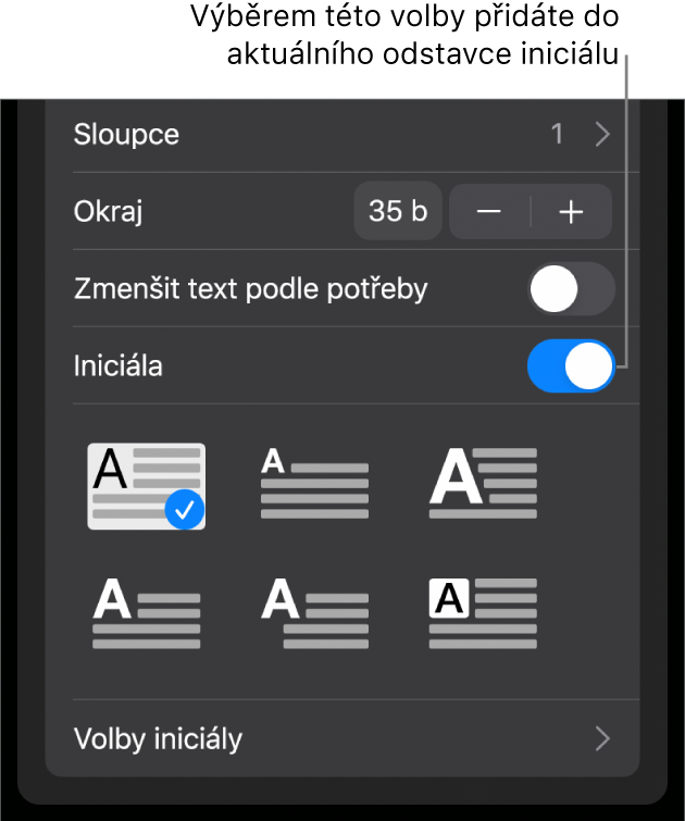 Ovládací prvky pro volbu Iniciála dole v nabídce Text