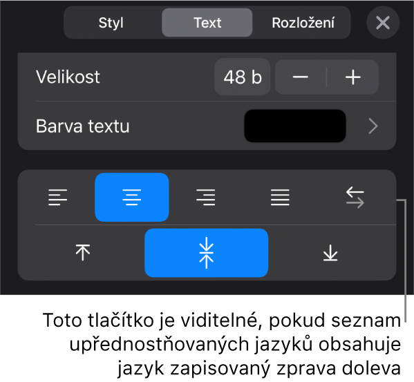 Ovládací prvky v nabídce Formát s popiskem pro tlačítko Zprava doleva
