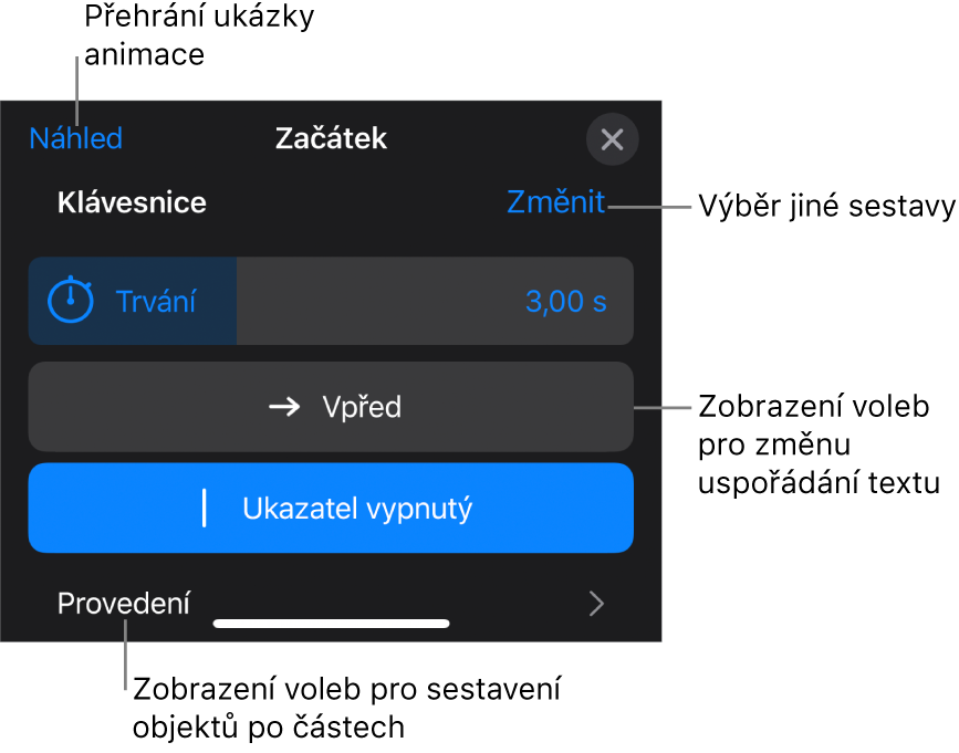 K volbám sestavy patří Trvání, Animace textu a Provedení Chcete-li vybrat jinou sestavu, klepněte na Změnit. Klepnutím na Náhled spustíte náhled sestavy
