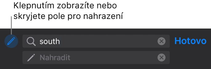 Ovládací prvky pro hledání a nahrazování textu