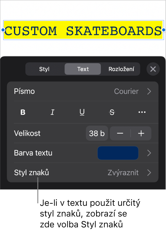 Ovládací prvky formátování textu s nabídkou Styl znaků pod ovládacími prvky v oddílu Barva. Zobrazuje se styl Žádný s hvězdičkou.