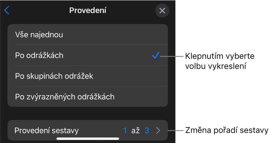 Možnosti provedení na panelu Začátek