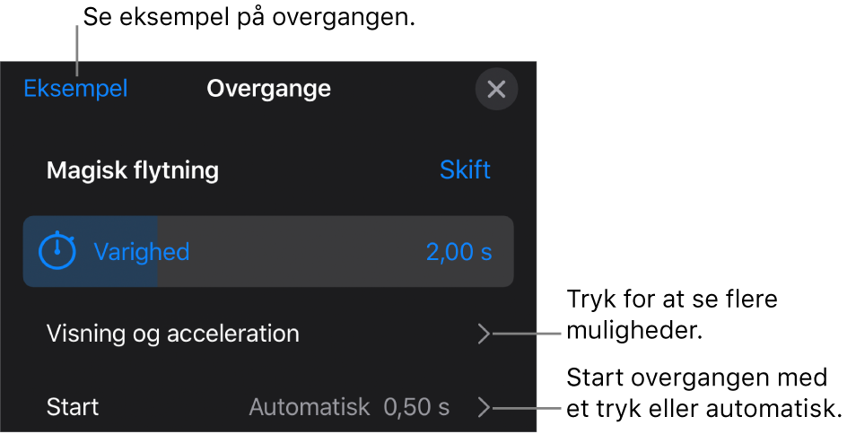Betjeningsmuligheder til Magisk flytning i vinduet Overgange.